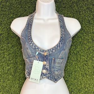 SOLD OUT! REVICE Upper East Side Denim Blue Carrie Vest Halter Crop Top Large
